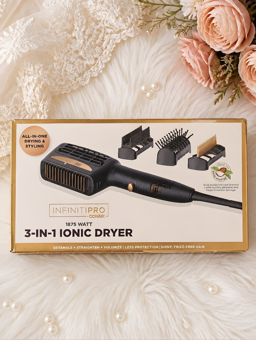 InfinitiPRO by Conair 3-in-1 Ionic Dryer 3 Attachments Included- NIB-Blk & Gold